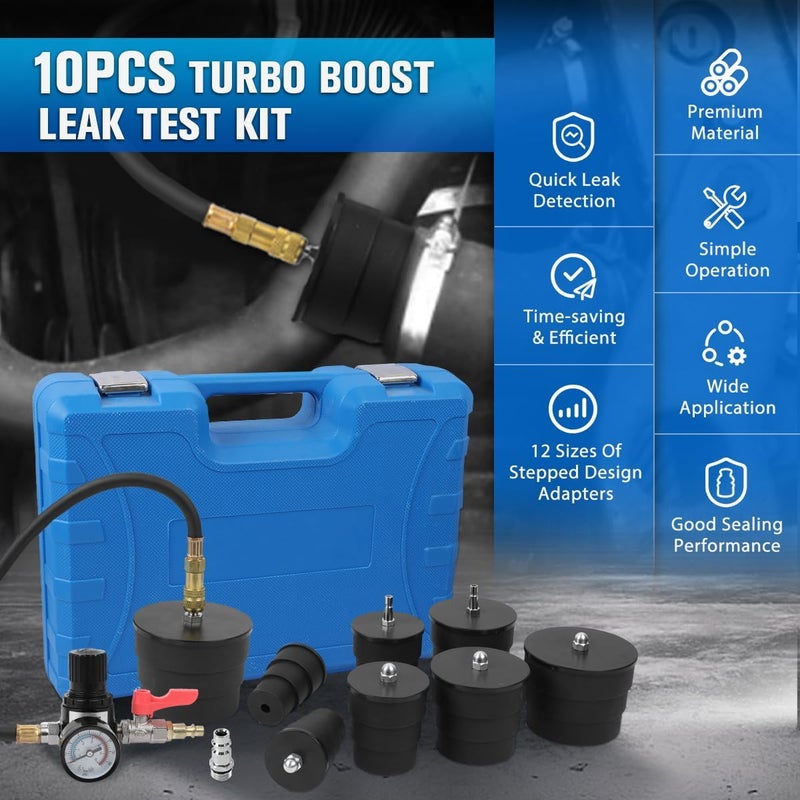 KAISAL Turbo Boost Leak Tester Kit 10PC Boost Leak Tester Automotive Well-sealed Turbo/Emission/Cooling System Pressure Leakage Tester with 4 Pairs of Stepped Adapters 1-3/8" to 3-1/2", US & EU Air Fitting - Image 2